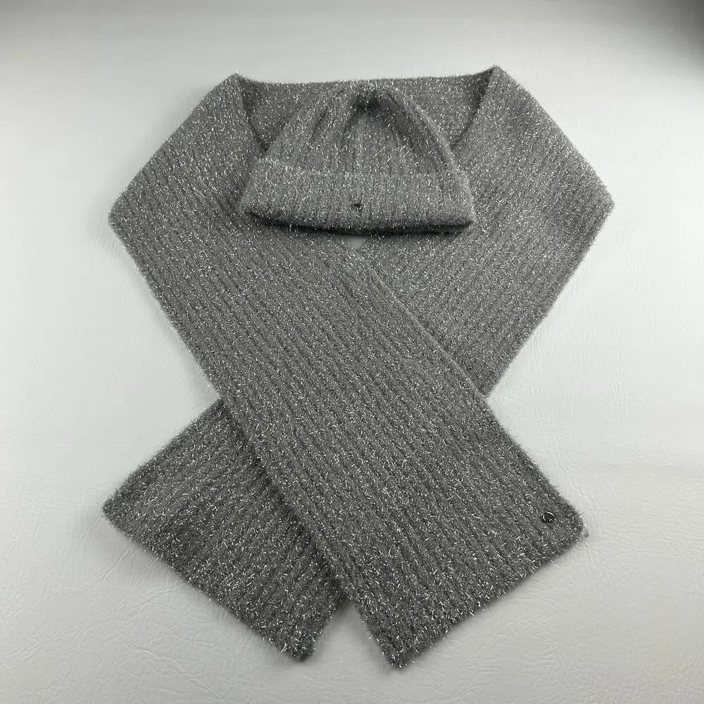 Kate Spade New York Women’s Gray Metallic Sparkle Beanie Scarf Set One Size